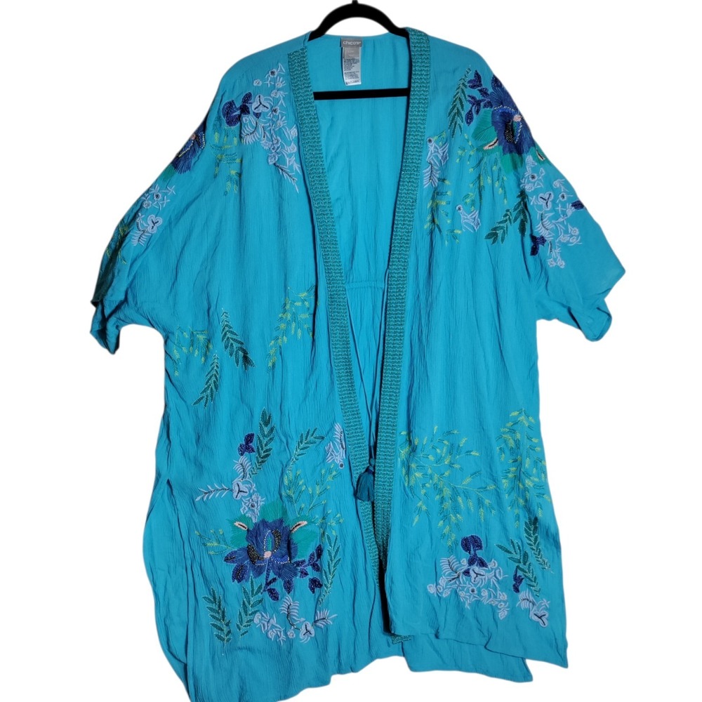 Chicos Kimono Top L/XL Floral Embroidered Artsy Resort Beachy Cover Up